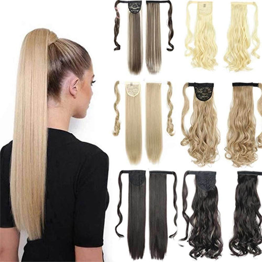 Long Straight Wrap Around Clip In Ponytail Hair Extension Heat Resistant Synthetic Tail Fake Hair - Flexta Glow